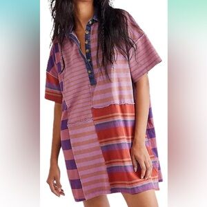 Free People Striped Collared T Shirt Mini Dress